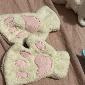 Cute Cream and Pink Paw Mittens